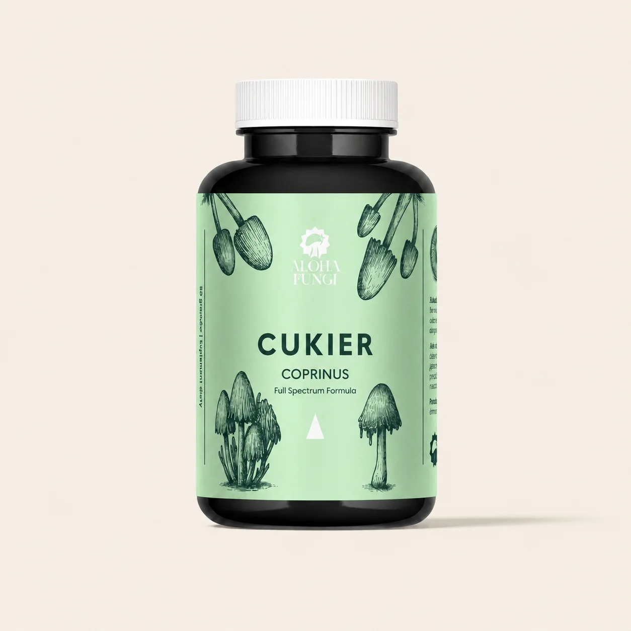 Black jar with a white cap, mint green Aloha Fungi Cukier Coprinus label featuring ink cap mushroom drawings.