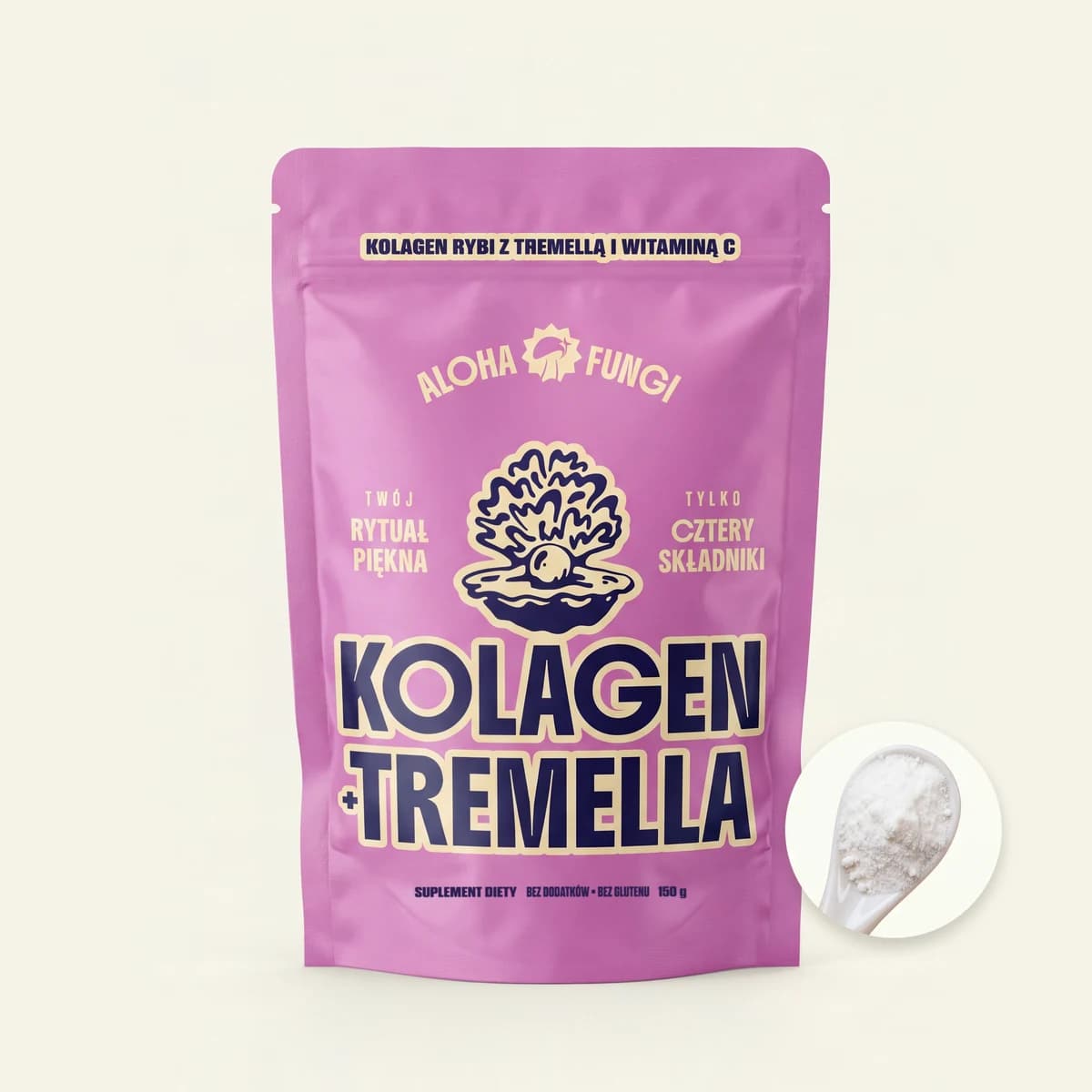 Pink 150 g Kolagen + Tremella pouch with a shell and a pearl, next to a spoon of white powder.