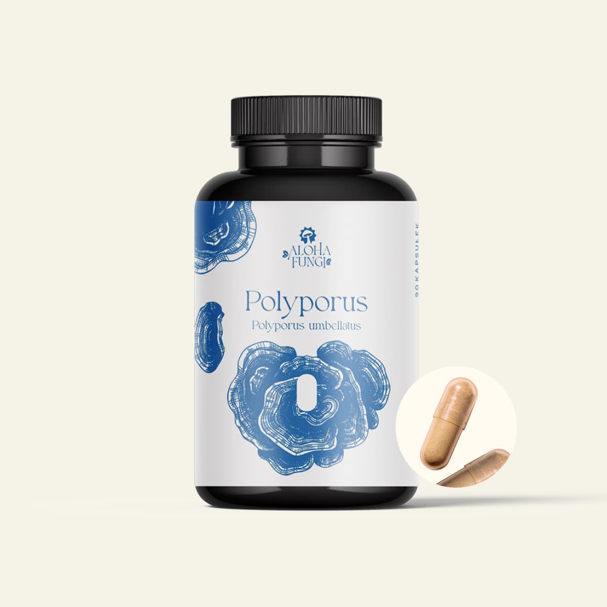 Black jar of Aloha Fungi Polyporus capsules with a white label and blue mushroom graphic, next to two capsules.