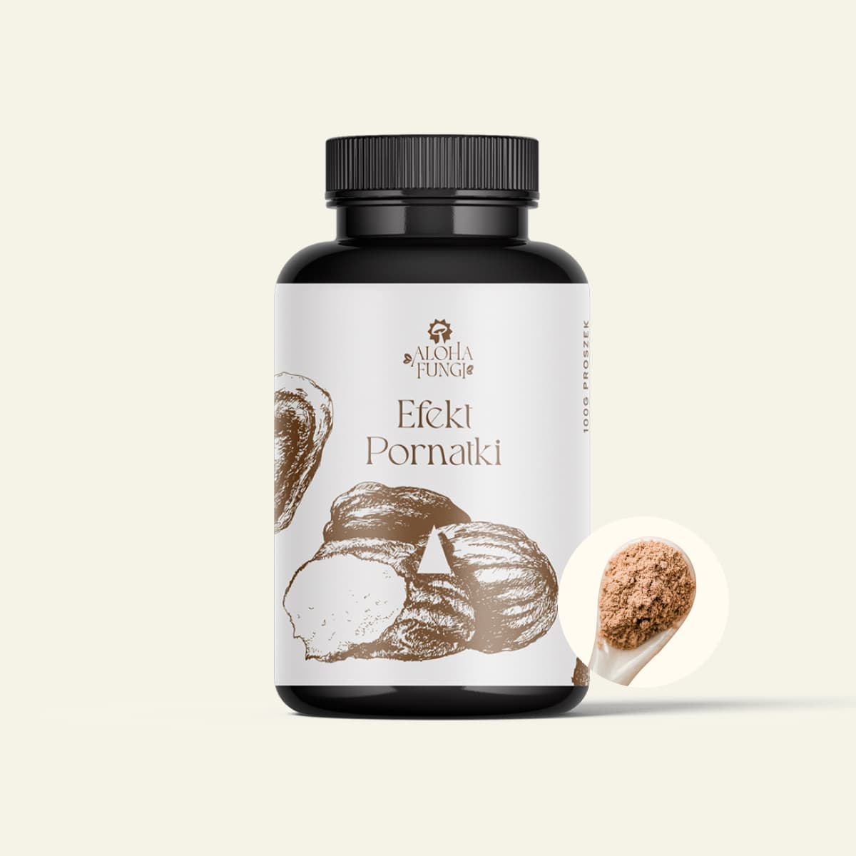 Black jar of Aloha Fungi Efekt Pornatki powder with a white label and brown mushroom graphic, next to a spoon of powder.