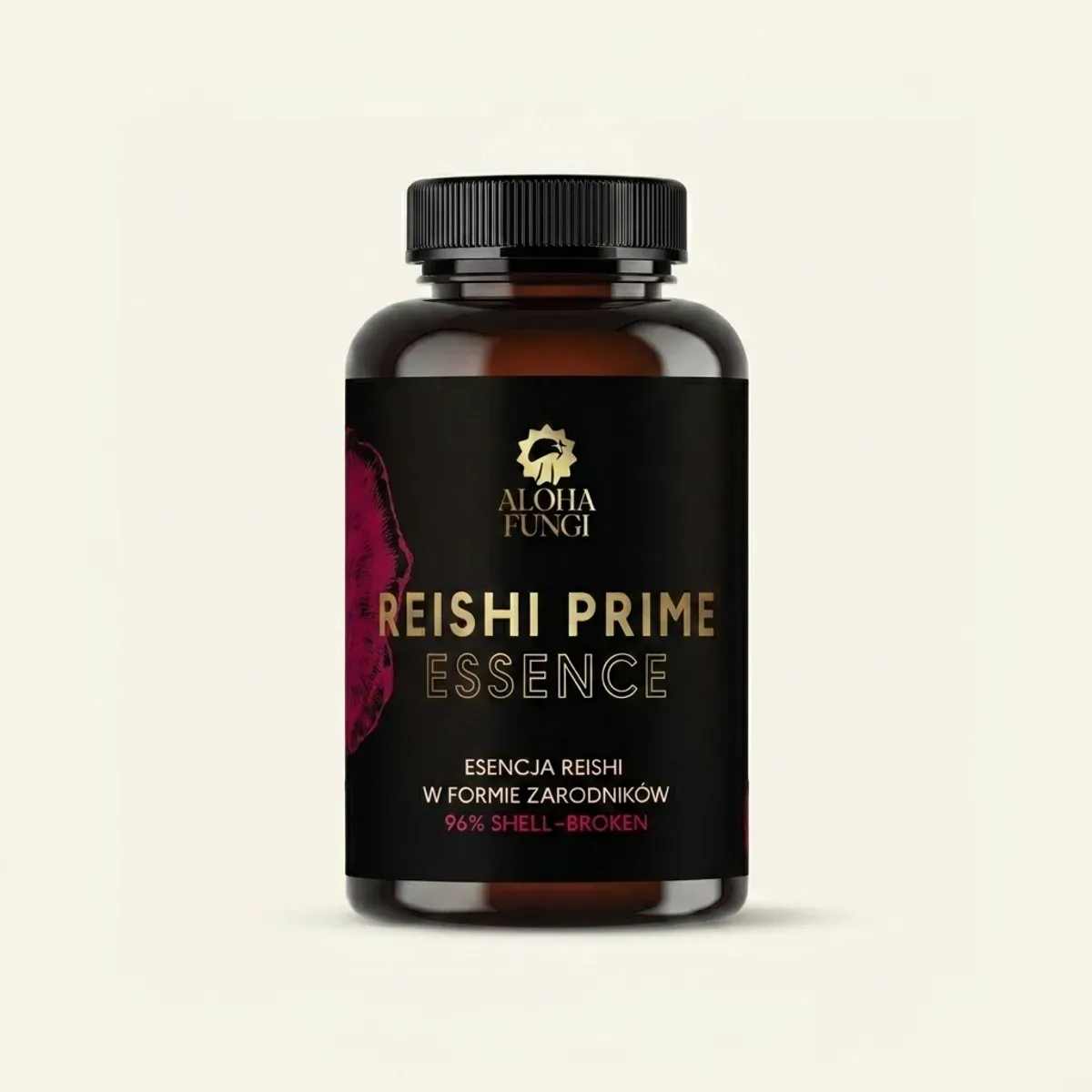 Black jar of Aloha Fungi Reishi Prime Essence with a black label and gold lettering, reishi spore essence.