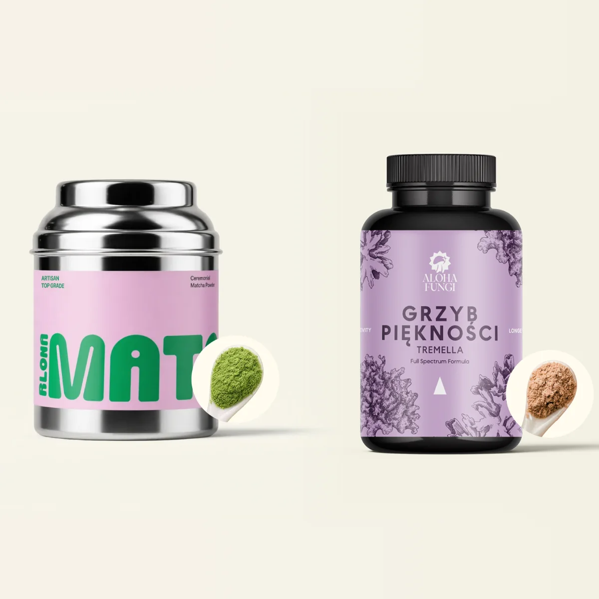 Opakowania Aloha Matcha i Tremella obok siebie