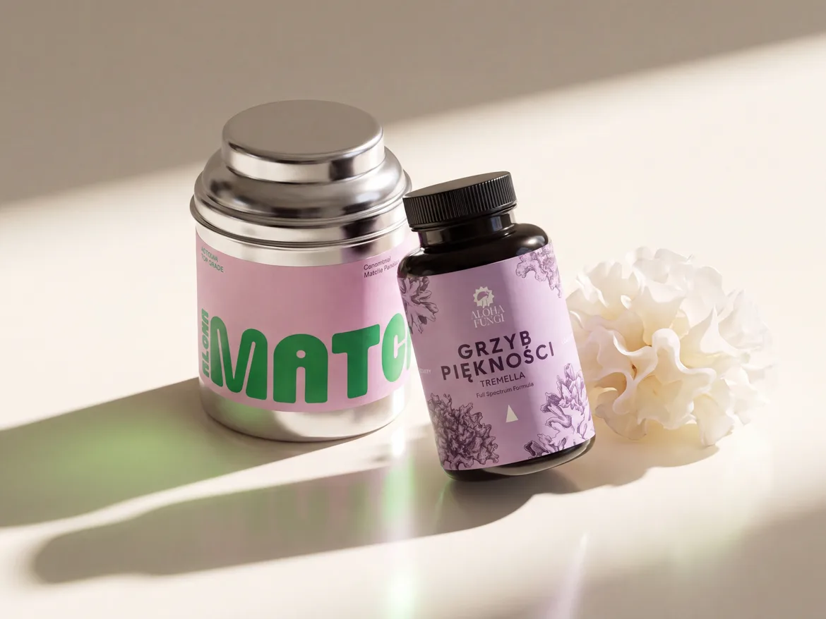 Opakowania Aloha Matcha i Tremella obok siebie