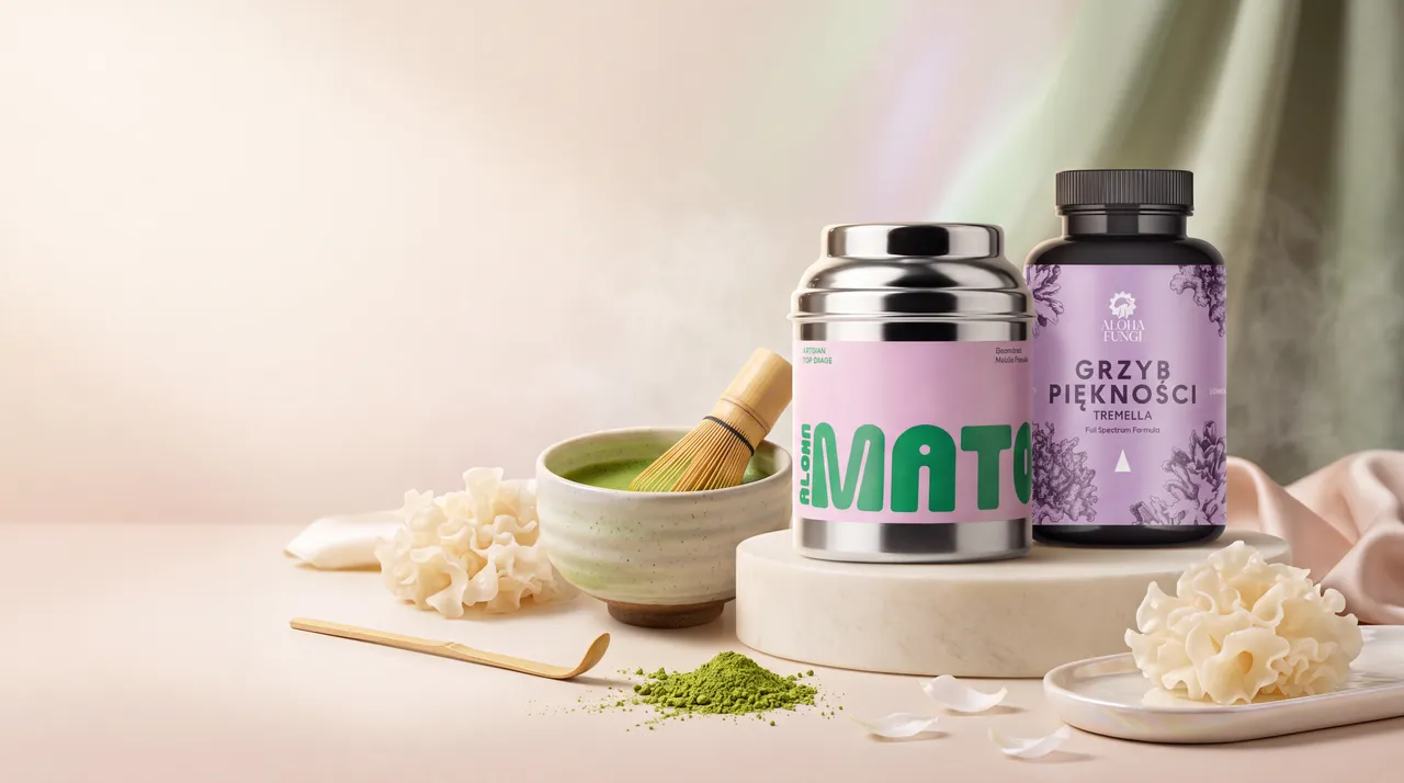 Aloha Matcha i Tremella, grzyb piękności, na tle matchy w proszku